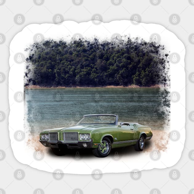 1971 Oldsmobile Cutlass in our lake distressed series on front and back Sticker by Permages LLC